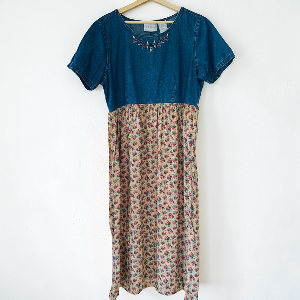Vintage Erika Studio Denim & Rayon Floral Cottage Embroidered Dress L